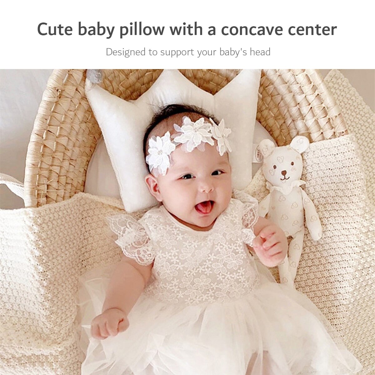 hibobi Baby Pillow Crown Shape Print Stereotype Cotton Anti Roll Sleeping Support Pillow Concave Design Prevent Flat for Newborn