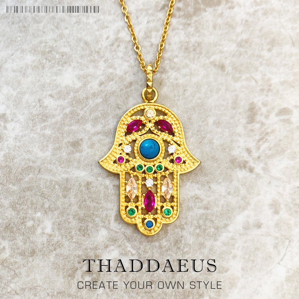Charm Necklace Golden Hand of Fatima Summer Brand New Vintage Fine Jewelry Europe 925 Sterling Silver Turquoise Gift For Women
