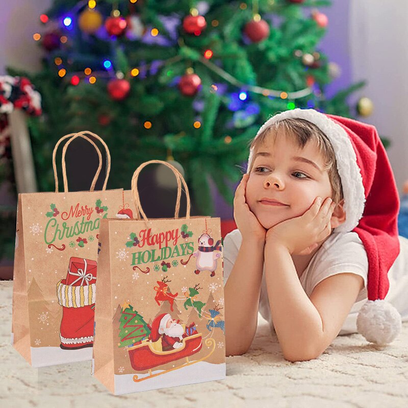5PCS Merry Christmas Paper Gift Bags Santa Claus Xmas Tree Candy Biscuit Packaging Bag Christmas New Year Party Kids Gift Favors
