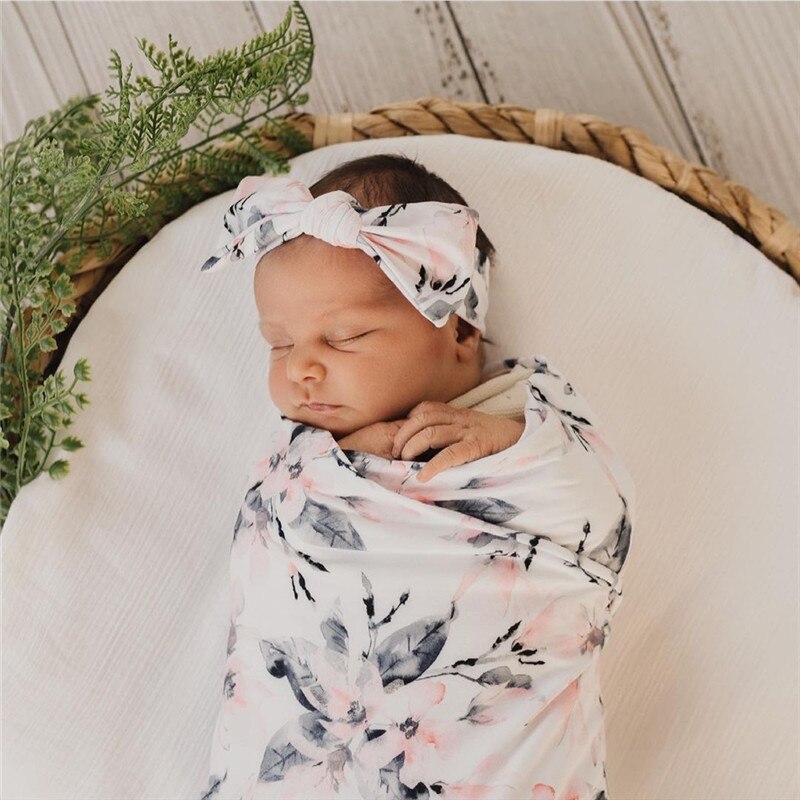 hibobi Floral Knitted Pure Cotton Swaddle Wrapper &amp; Newborn Hat With Hairband Set Baby Blankets Newborn