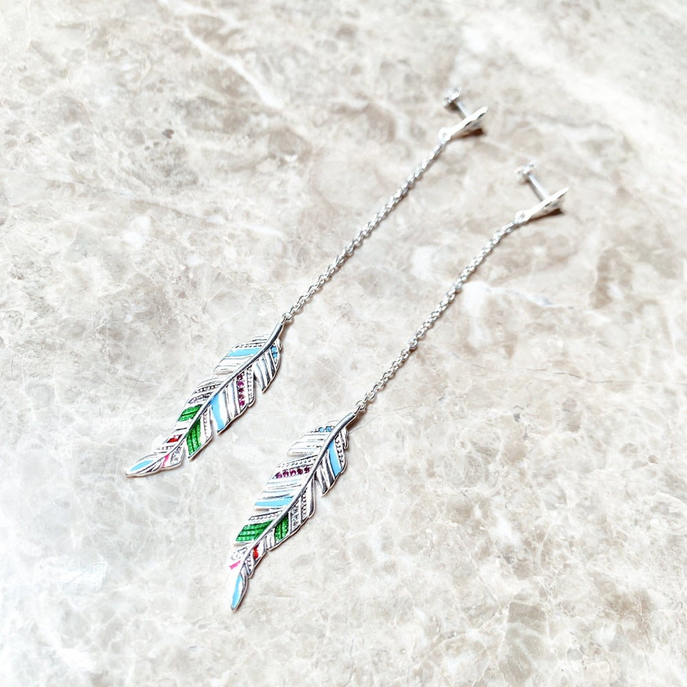 Drop Earrings Feather Fine Jewelry For Women,Autumn Brand New Colourful 925 Sterling Silver Gift