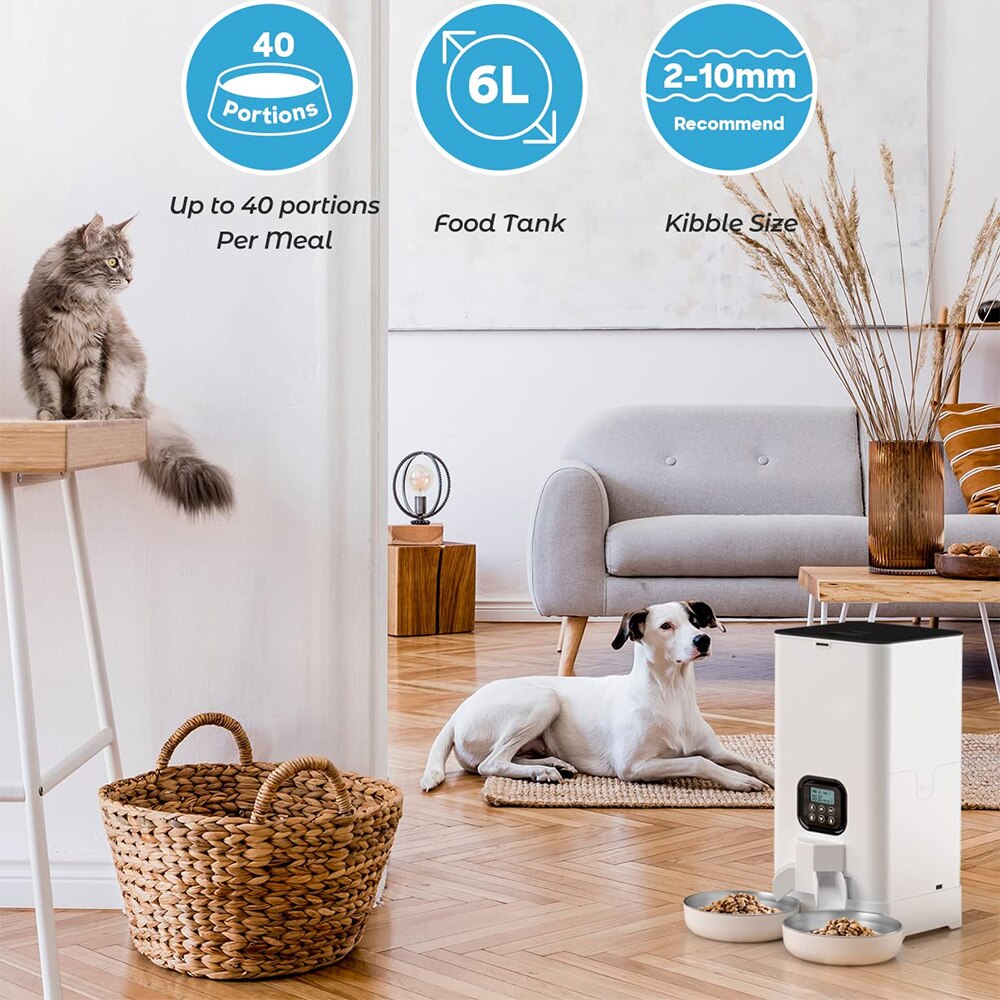 6L WiFi APP Control Automatic Cat Feeder Pet Kibble Dispenser For Dogs Double Meal Stainless Steel Bowl Smart Pet Food Bowl