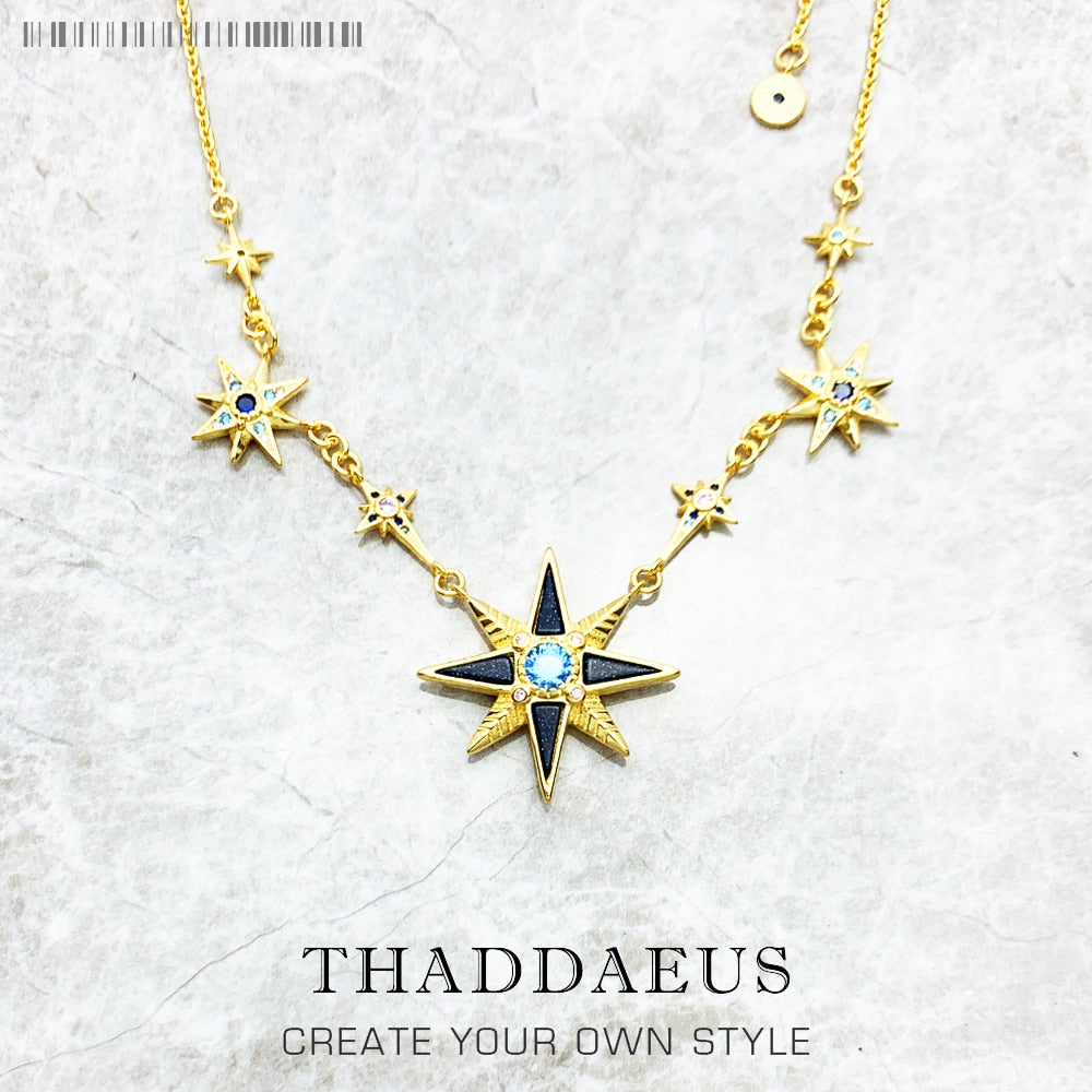 Royalty Stars Gold Link Chain Necklace Brand New Cosmic Fine Jewelry Europe 925 Stering Silver Vintage Gift For Women