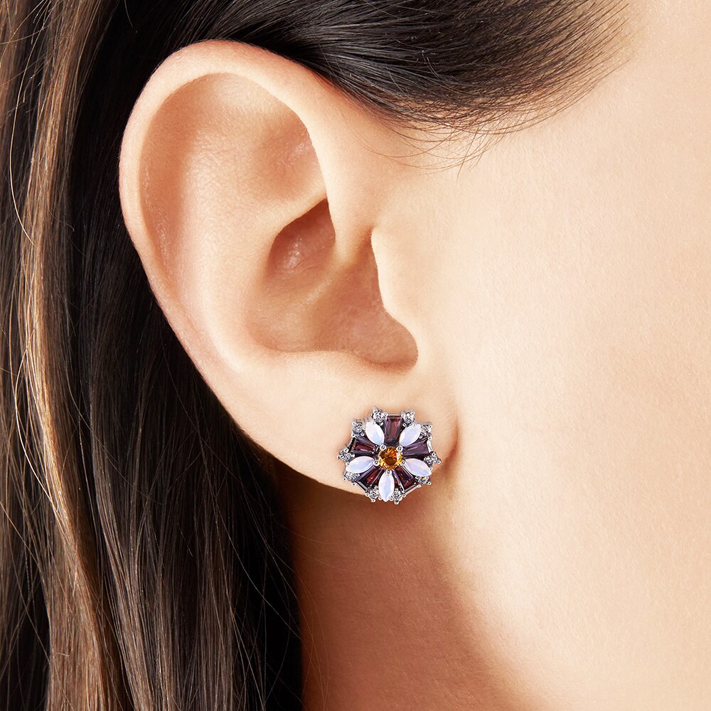 Flower With Stones Stud Earrings Fine Jewerly For Women,2022 Bohemia Romantic Gift In 925 Sterling Silver
