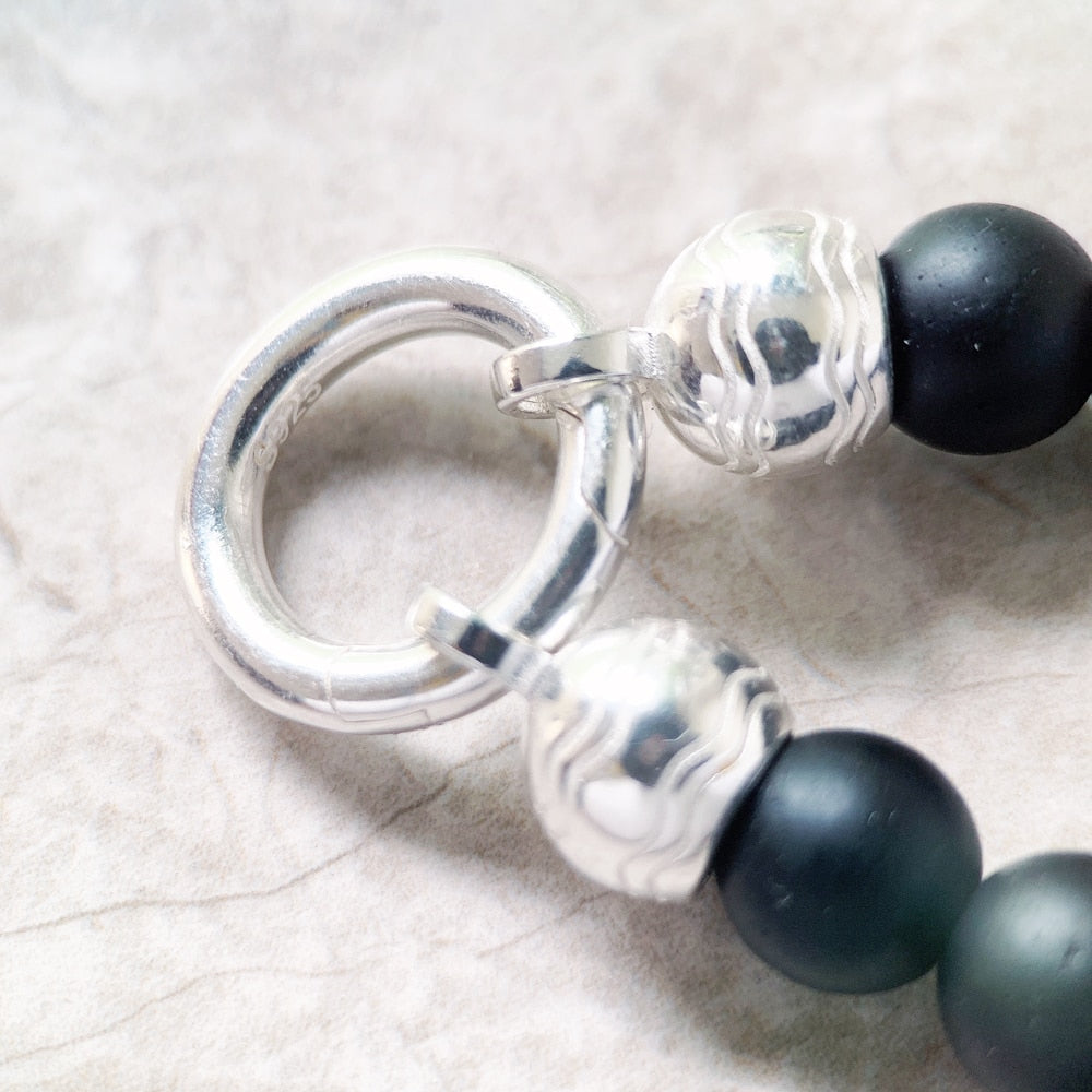 Beads Bracelet Matt Obsidian in Pure 925 Sterling Silver Vintage Gift For Women & Men