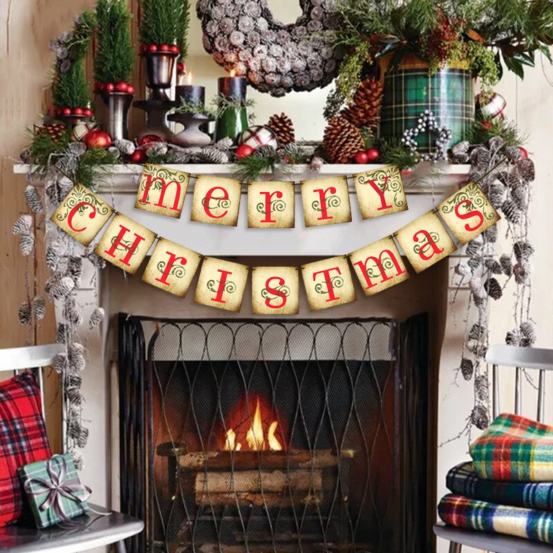 Merry Christmas Banner Garland Vintage Xmas Decorations for Home Indoor Navidad Natal Gift Fireplace Hanging Decor New Year 2023