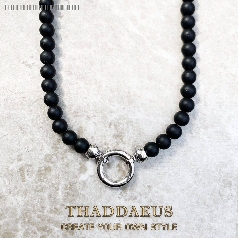 Strand Necklace Matt Obsidian Carrier New Real 925 Sterling Silver Jewelry Europe Style Vintage Gift For Women Men