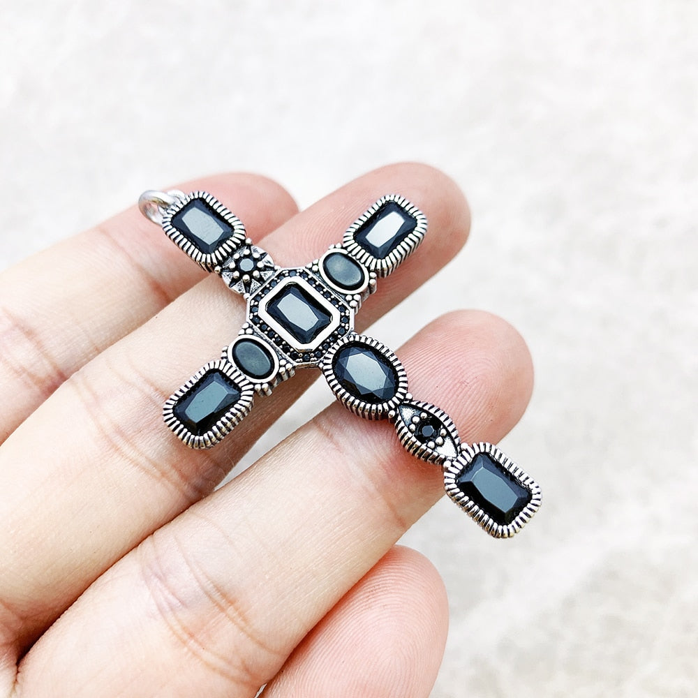 Cross Black Stone Pendant,Brand New 925 Sterling Silver Vintage Jewelry Accessories Graceful Faith Gift For Woman