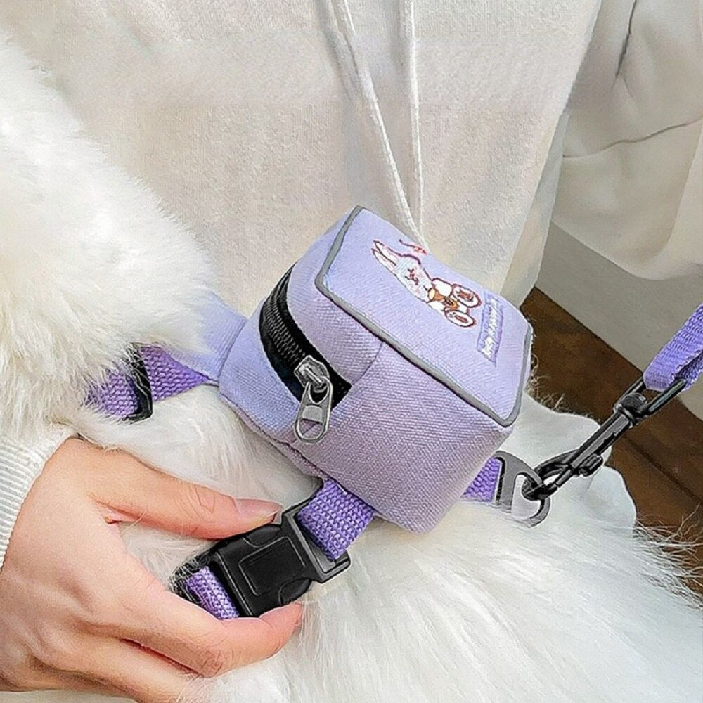 Small Dogs and Cats Vest Type Mini Self Carrier Backpack Cute Cartoon Pattern Outdoor Adjustable Harness with 1.5m Traction Rope - anconmall
