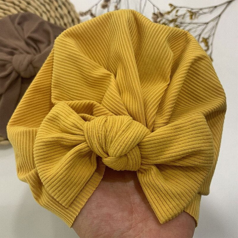 1Pc Baby Girl Turban Bow Hats Breathable Hat Headdress w/ Pure Color Comfort Beanie Skin Friendly Hand Wash Newborn Head