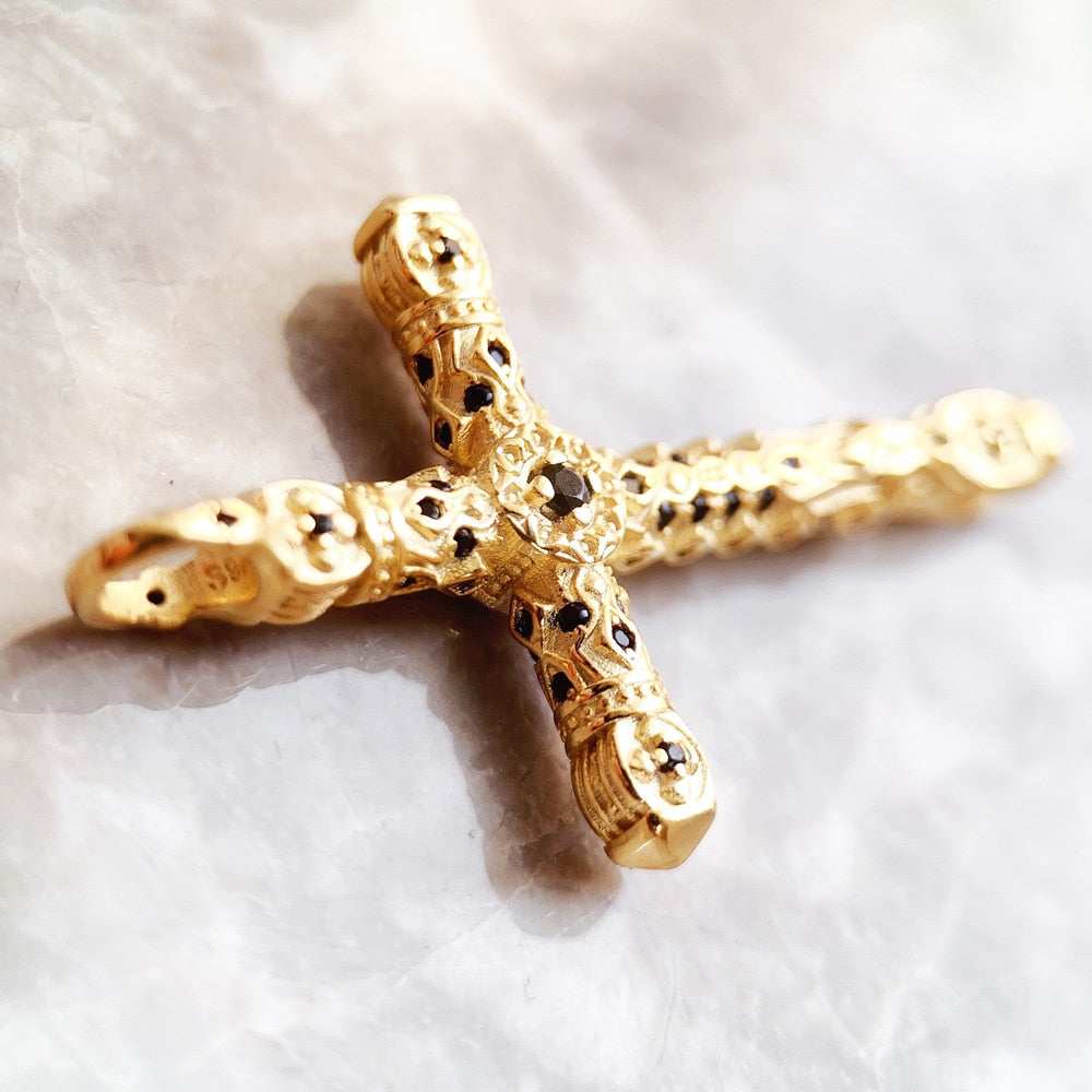 Pendant Cross Black Stones Gold New Fine Jewelry Bijoux Accessories 925 Sterling Silver Gift For Woman Men
