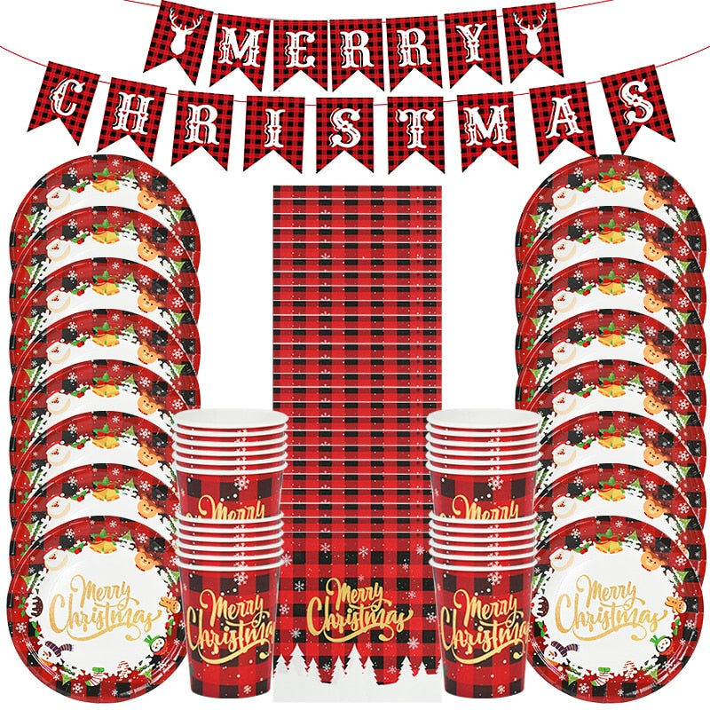 61Pcs/set Merry Christmas Party Disposable Tableware Paper Plates Cup Napkin Banner Xmas Decorations For Home Navidad New Year