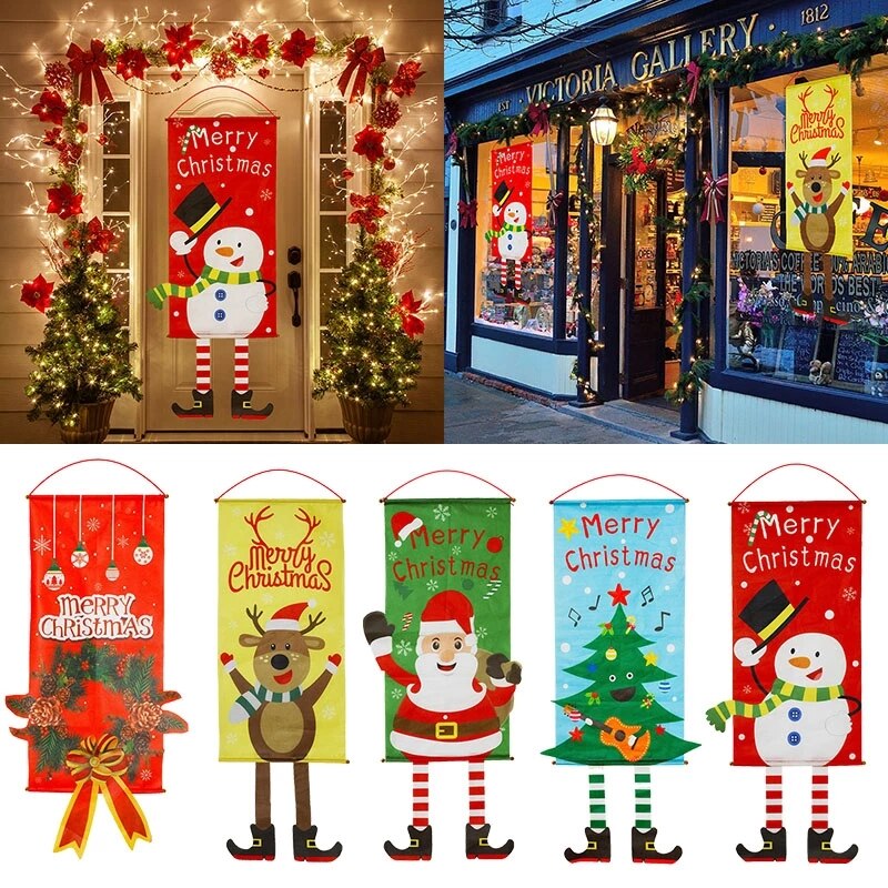 Christmas Door Hanging Banner Porch Santa Claus Faceless Doll Merry Christmas Flag Decorations For Home Navidad Ornament Pendant