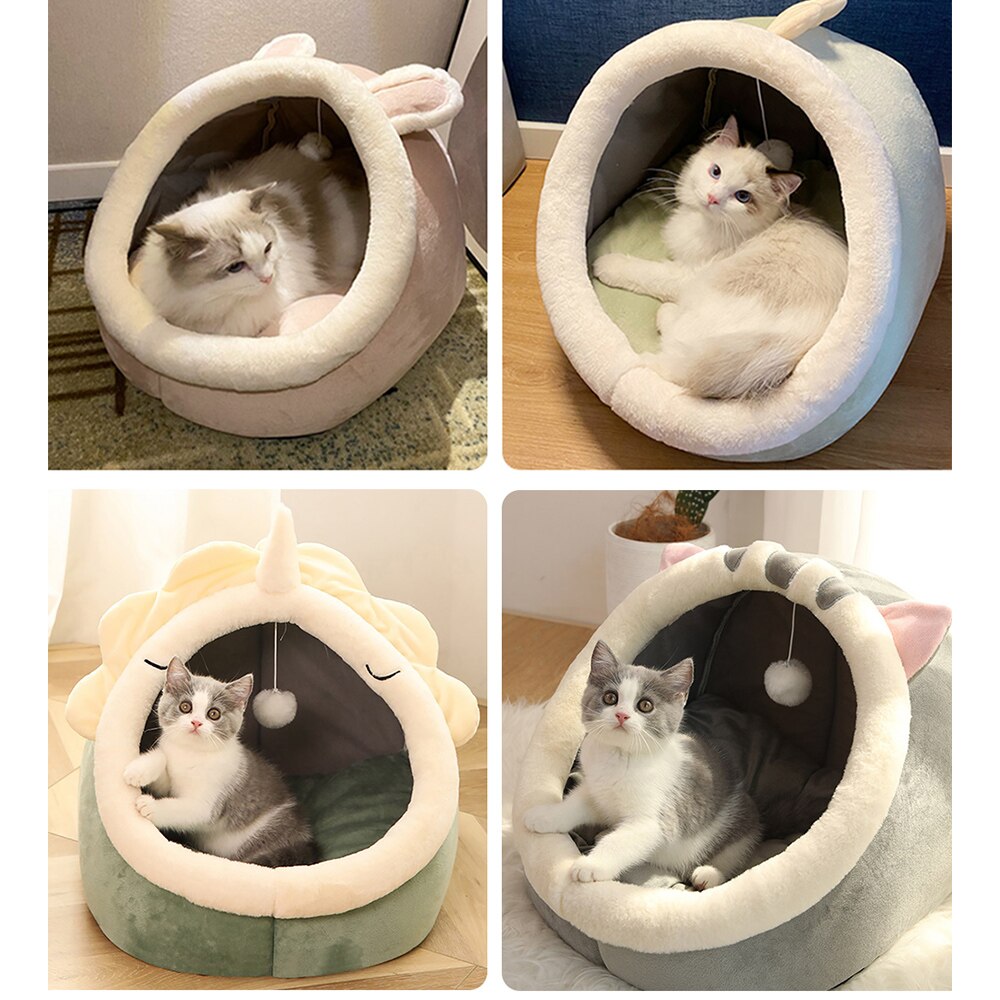 Crystal Velvet Hooded Cat’s House with Removable and Washable Cushion Winter Cat Basket Warm Cozy Sleeping Cave Pet Bed for Cats - anconmall