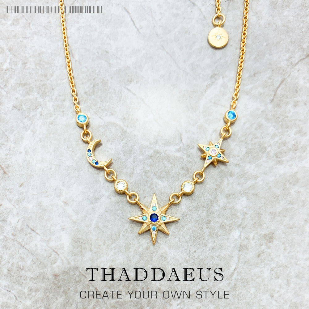 Necklace Royalty Star & Moon Gold Brand New Link Chain Fine Jewelry Europe 925 Stering Silver Bohemia Gift For Women