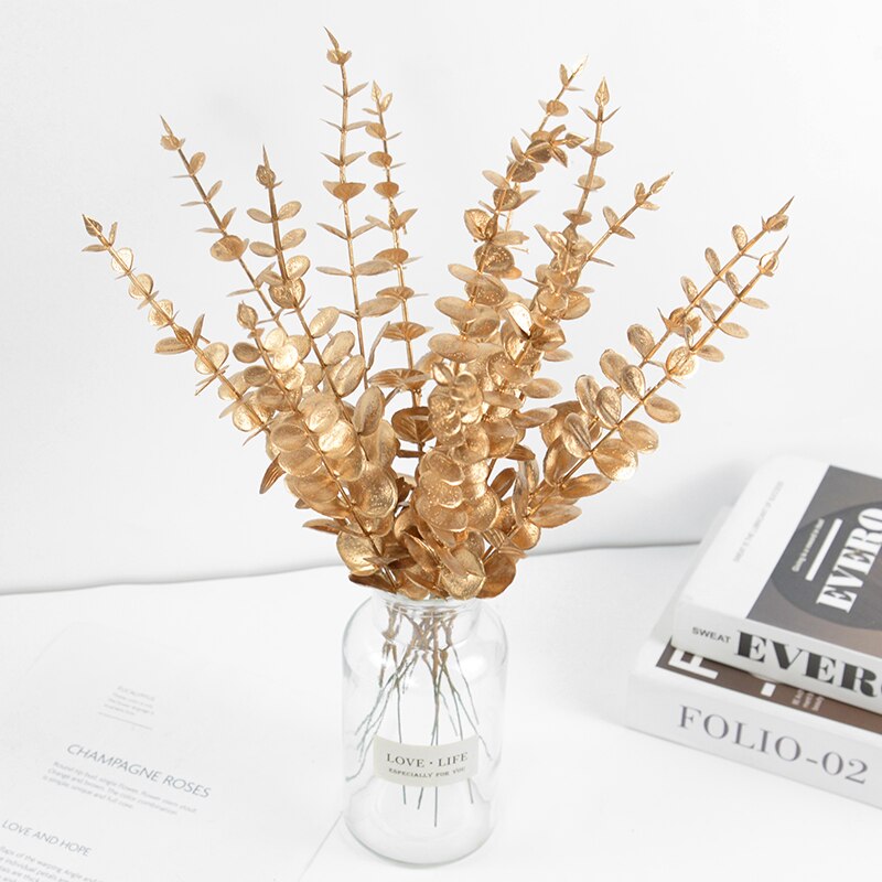 10Pcs Gold Eucalyptus Leaves Branch Artificial Plants Christmas New Year Decoration for Home Wedding Party Flower Arrangement