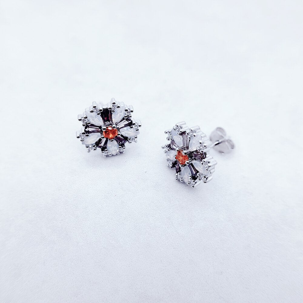 Flower With Stones Stud Earrings Fine Jewerly For Women,2022 Bohemia Romantic Gift In 925 Sterling Silver