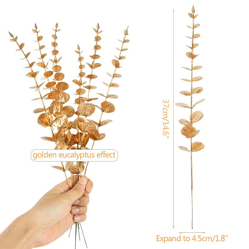 10Pcs Gold Eucalyptus Leaves Branch Artificial Plants Christmas New Year Decoration for Home Wedding Party Flower Arrangement