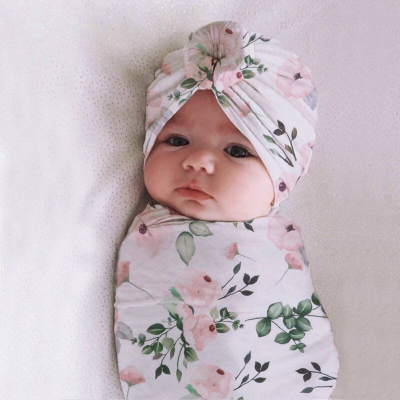 hibobi Floral Knitted Pure Cotton Swaddle Wrapper &amp; Newborn Hat With Hairband Set Baby Blankets Newborn