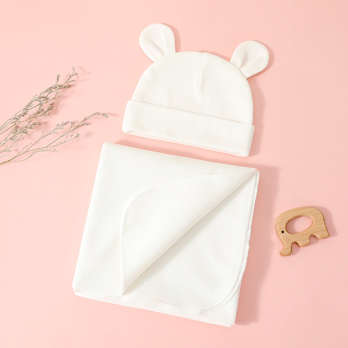 hibobi Newborn Solid Color Wrapped Blanket With Bear Ear Hat 2pcs