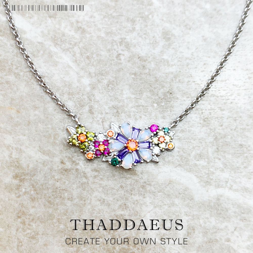 Necklace Flowers Colourful Stones Brand New Link Chain Fine Jewelry Europe 925 Stering Silver Romantic Gift For Women