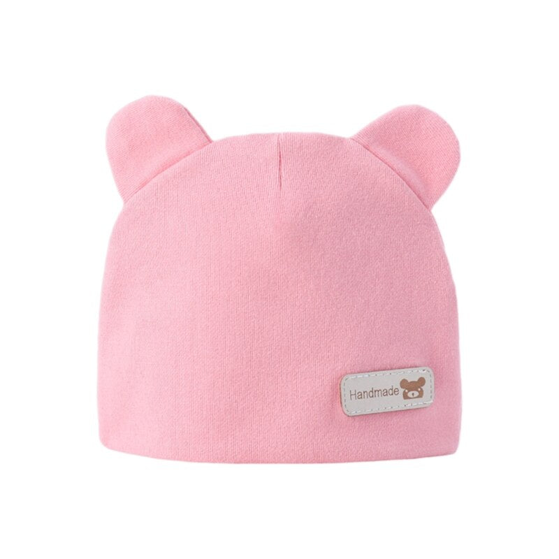 Newborn Baby Cute Bear Ears Beanie Letters Label Infant Toddler Solid Color Cotton Elastic Hospital Hat 0-6 Months