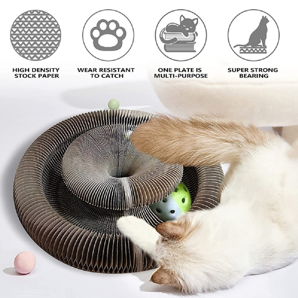 Magic Accordion Cat Corrugated Scratching Board with Bell Round Magnetic Suction Deformable Cat Grinding Claw Decompression Toy - anconmall