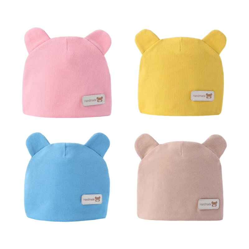 Newborn Baby Cute Bear Ears Beanie Letters Label Infant Toddler Solid Color Cotton Elastic Hospital Hat 0-6 Months