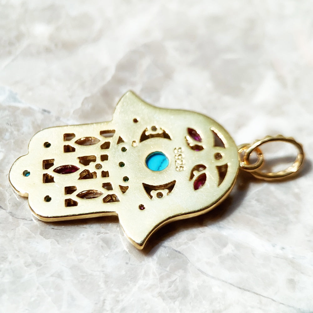 Pendant Hand of Fatima,Summer New Golden Jewelry Bohemia 925 Sterling Silver Turquoise Accessories Protection Gift For Women Men