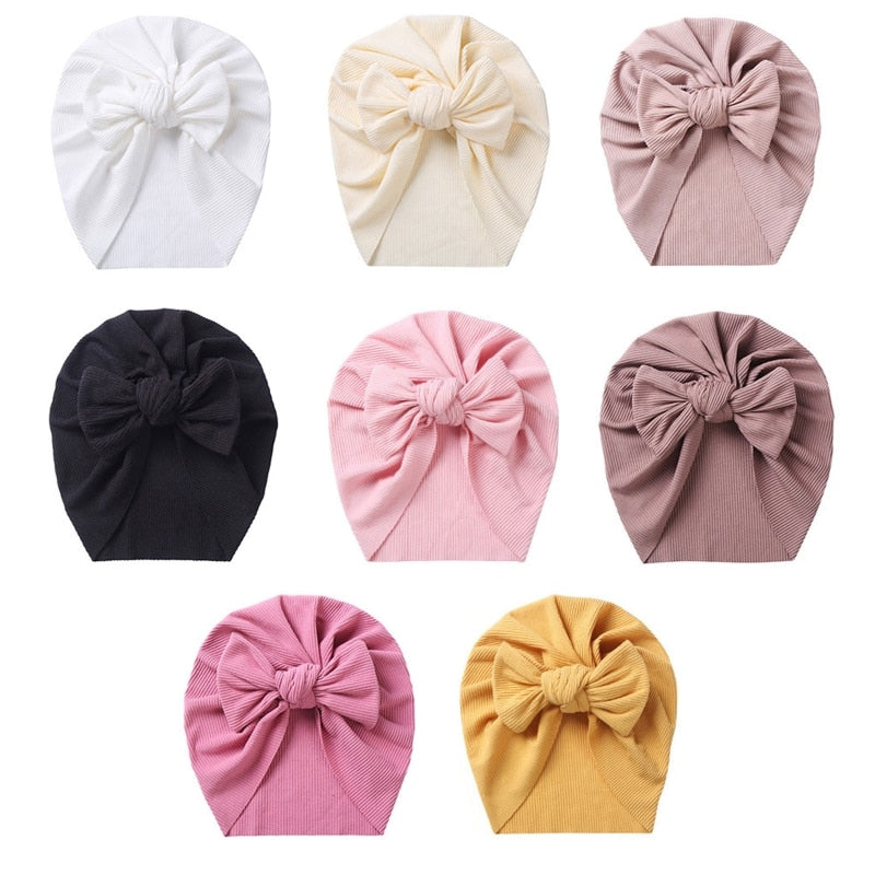 1Pc Baby Girl Turban Bow Hats Breathable Hat Headdress w/ Pure Color Comfort Beanie Skin Friendly Hand Wash Newborn Head