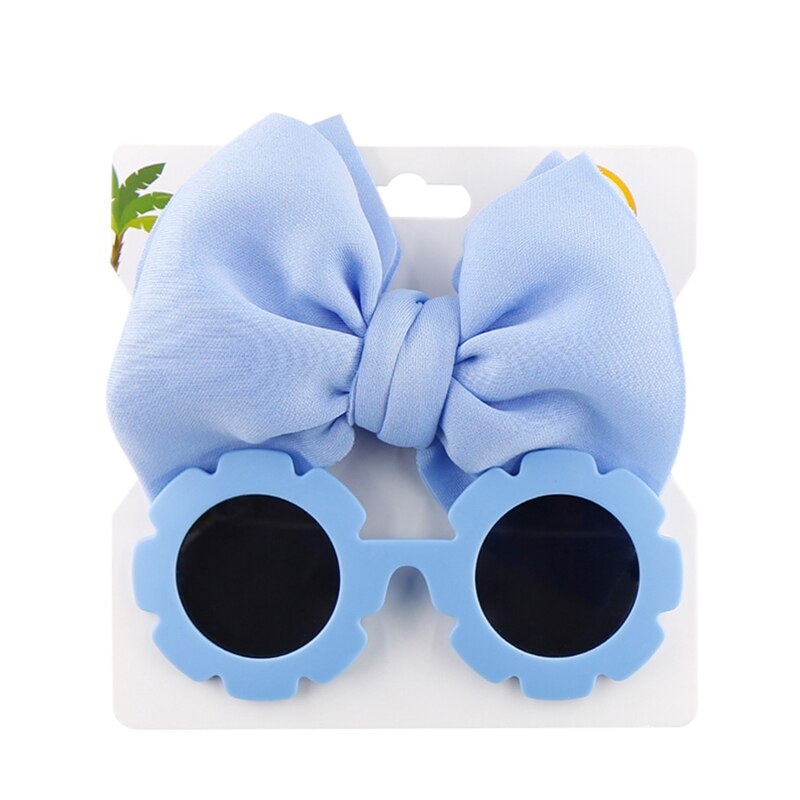 1Set Children Baby Girls Sunglasses Hair Band Set Solid Color Cartoon Glasses Knot Bow Headband Photo Props Gifts