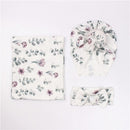 hibobi Floral Knitted Pure Cotton Swaddle Wrapper &amp; Newborn Hat With Hairband Set Baby Blankets Newborn