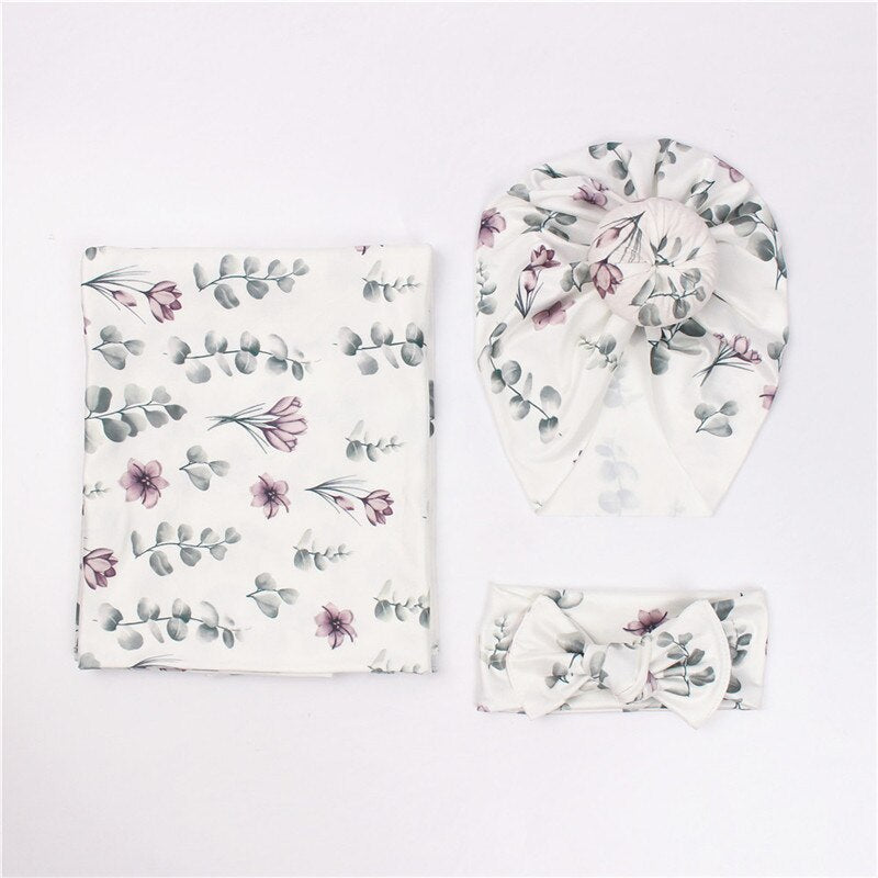 hibobi Floral Knitted Pure Cotton Swaddle Wrapper &amp; Newborn Hat With Hairband Set Baby Blankets Newborn