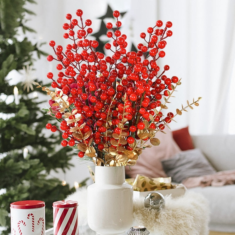 1/2pcs Christmas Decor Red Berry Stamen Branch Artificial Flower Bouquet Xmas Home Vase DIY Decoration Wedding Party Fake Plant