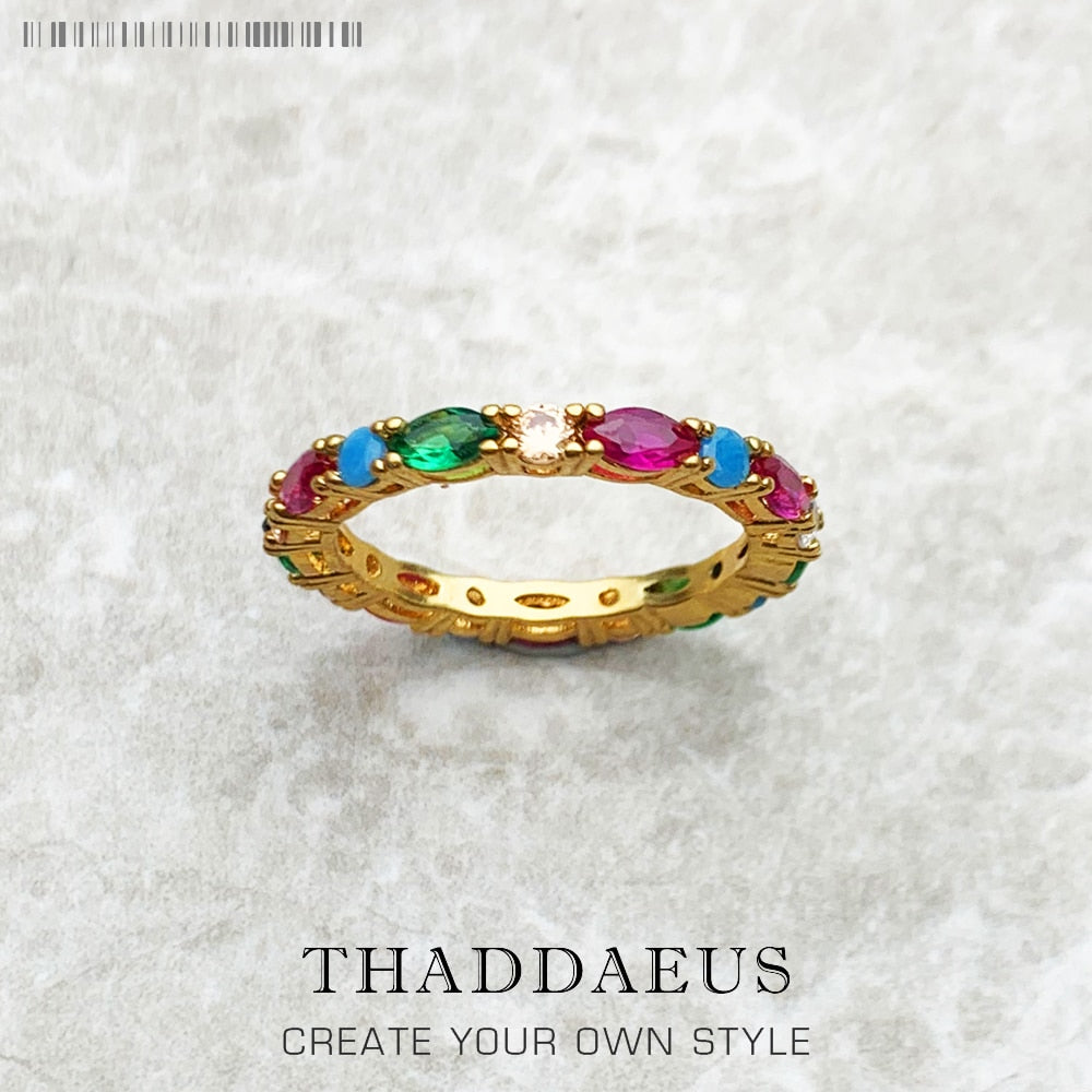 Gold Color Colorful Stones Ring Europe Style Glam Fine Jewerly For Women Gift In 925 Sterling Silver