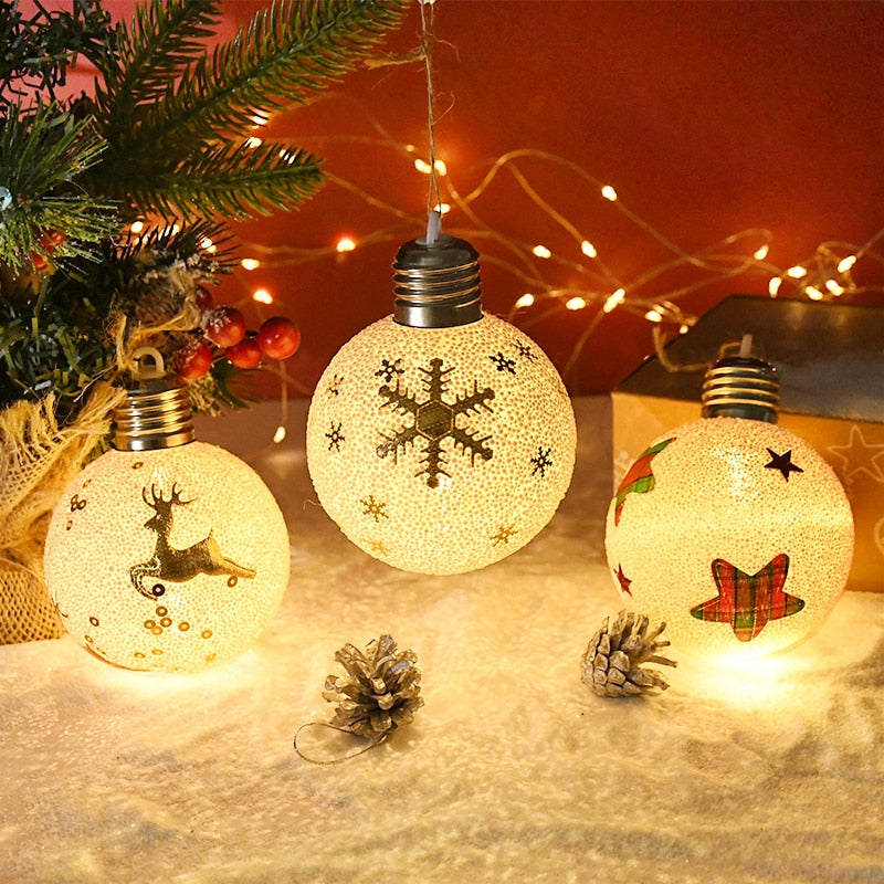 2023 LED Christmas Ball Lights Snowflake Elk Pattern Xmas Tree Hanging Pendant Ornaments Christmas Decorations for Home New Year