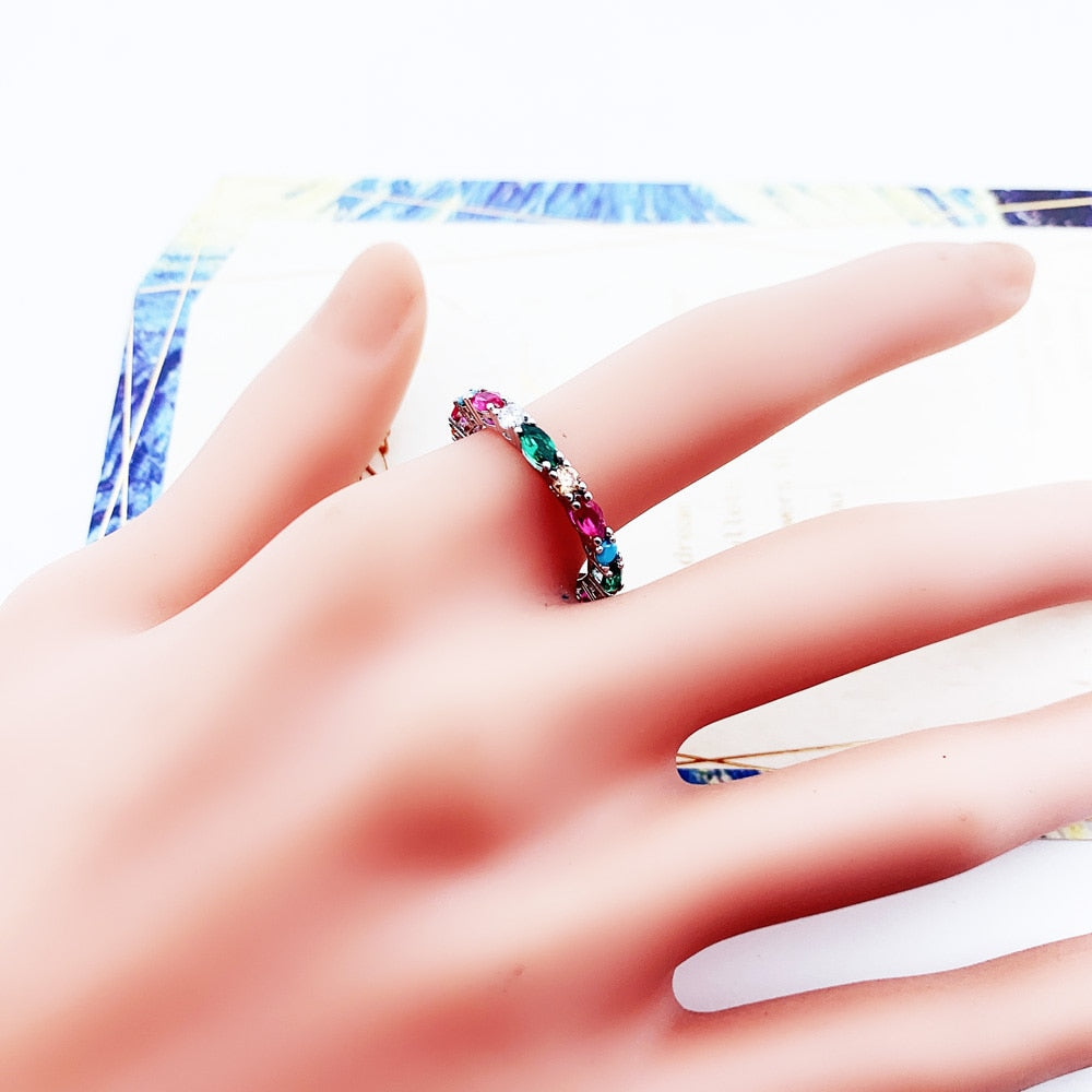 Colorful Stones Royal Ring,Europe Style Bridal Sets Glam Fashion Jewelry For Women Gift In 925 Sterling Silver