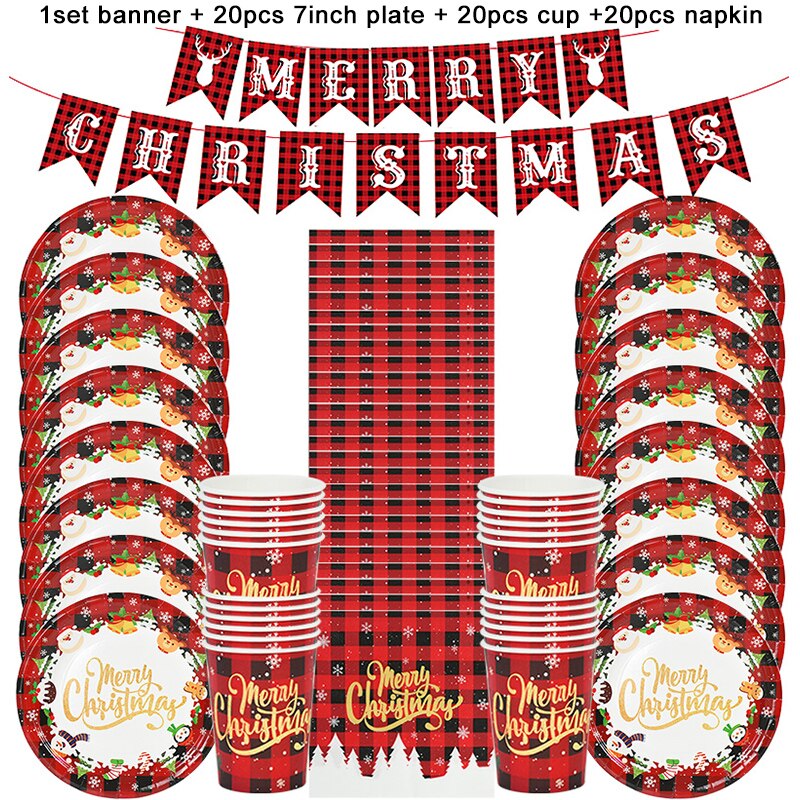 61Pcs/set Merry Christmas Party Disposable Tableware Paper Plates Cup Napkin Banner Xmas Decorations For Home Navidad New Year