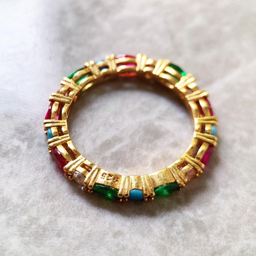 Gold Color Colorful Stones Ring Europe Style Glam Fine Jewerly For Women Gift In 925 Sterling Silver