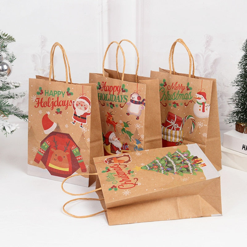 5PCS Merry Christmas Paper Gift Bags Santa Claus Xmas Tree Candy Biscuit Packaging Bag Christmas New Year Party Kids Gift Favors