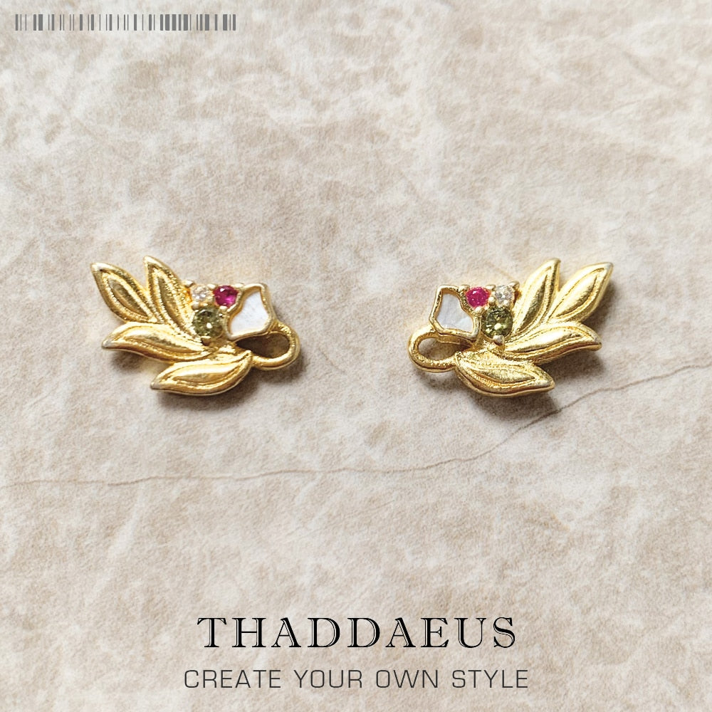 Ear Studs Golden Flower &amp; Leaf,Europe Fine Jewerly For Women,2022 Summer Romantic Gift In 925 Sterling Silver