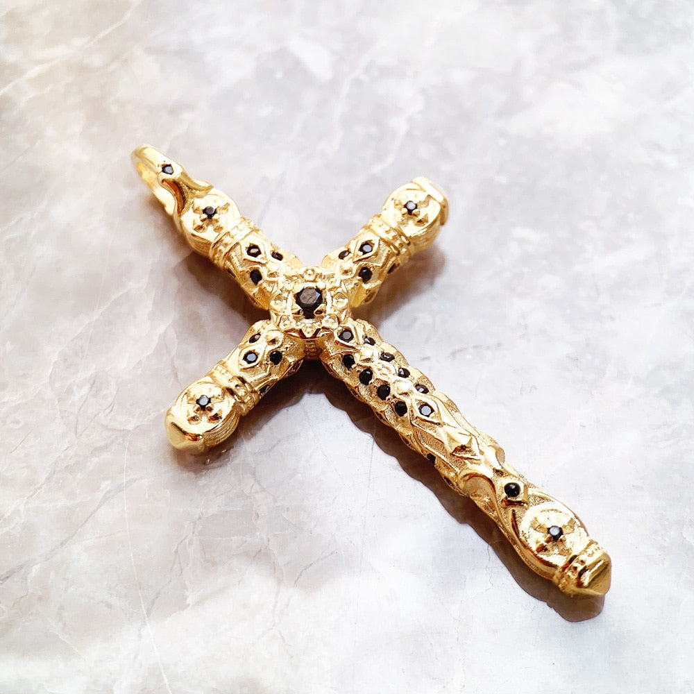 Pendant Cross Black Stones Gold New Fine Jewelry Bijoux Accessories 925 Sterling Silver Gift For Woman Men