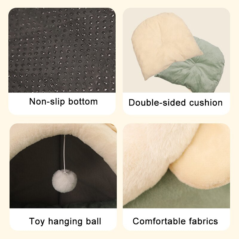 Crystal Velvet Hooded Cat’s House with Removable and Washable Cushion Winter Cat Basket Warm Cozy Sleeping Cave Pet Bed for Cats - anconmall
