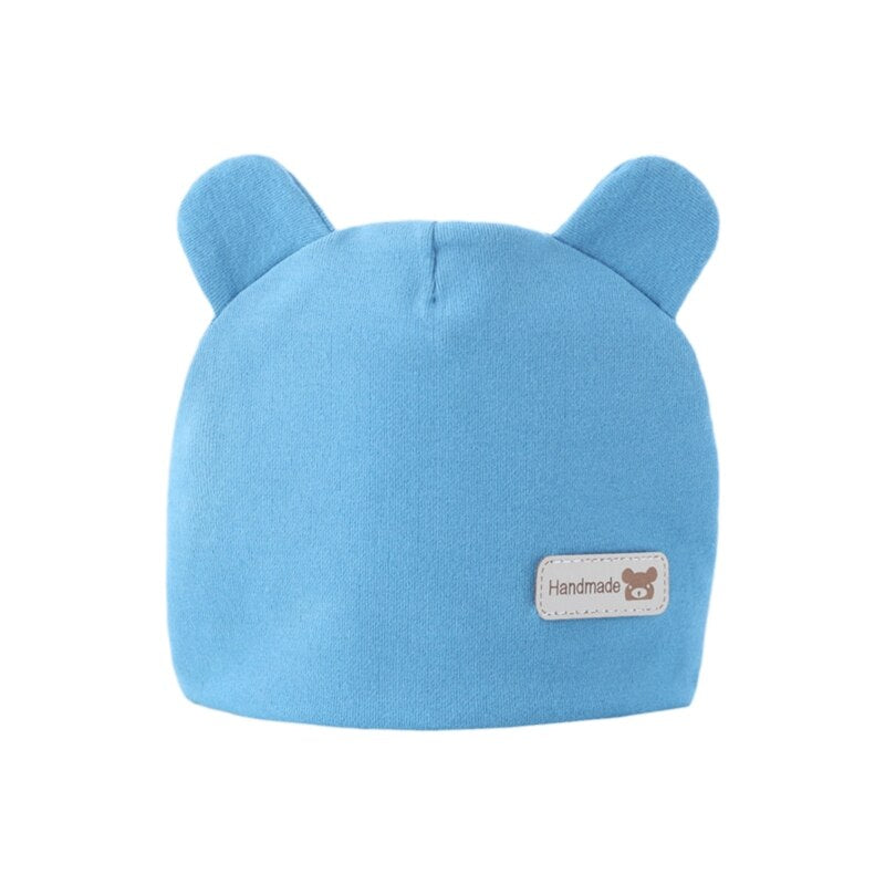 Newborn Baby Cute Bear Ears Beanie Letters Label Infant Toddler Solid Color Cotton Elastic Hospital Hat 0-6 Months