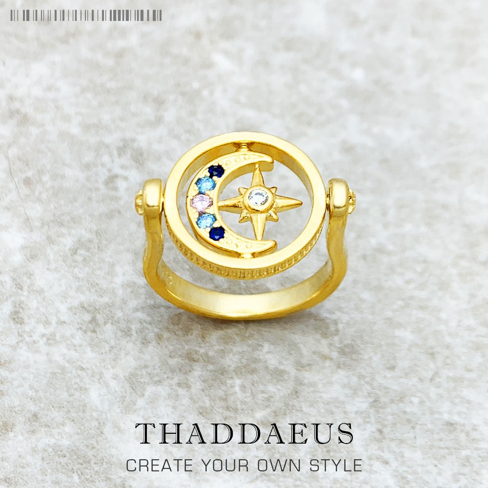 Ring Royalty Star &amp; Moon Gold,Europe Fine Jewerly For Elegance Women,2022 Spring Bohemia Gift In 925 Sterling Silver