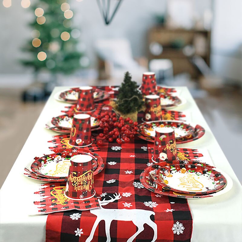 61Pcs/set Merry Christmas Party Disposable Tableware Paper Plates Cup Napkin Banner Xmas Decorations For Home Navidad New Year