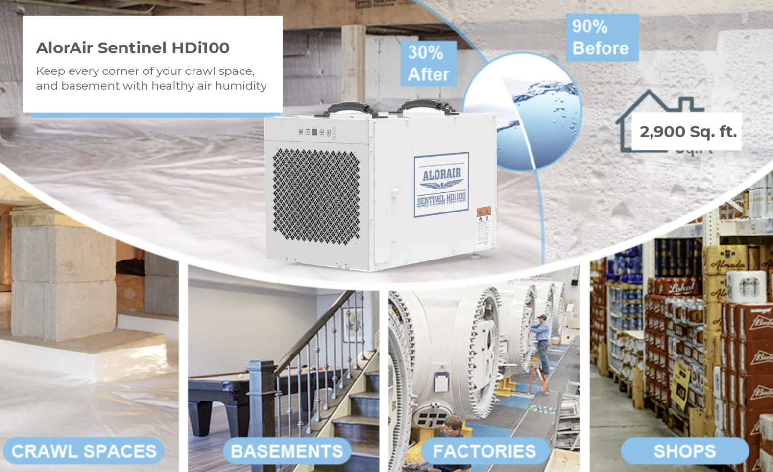 AlorAir Sentinel HDi100 Basement/Crawlspace Dehumidifier 100 Pints with Condensate Pump