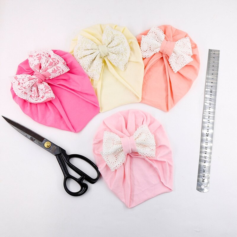 Baby Girl Turban Bow Hats Breathable Hat Headdress w/ Pure Color Comfort Beanie Skin Friendly Hand Wash Newborn Head