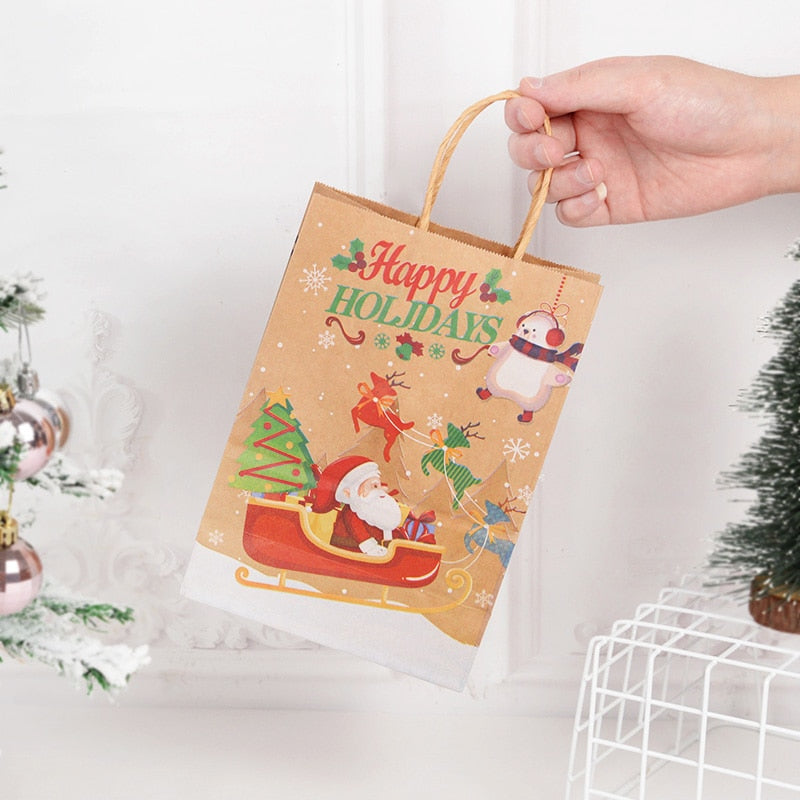 5PCS Merry Christmas Paper Gift Bags Santa Claus Xmas Tree Candy Biscuit Packaging Bag Christmas New Year Party Kids Gift Favors