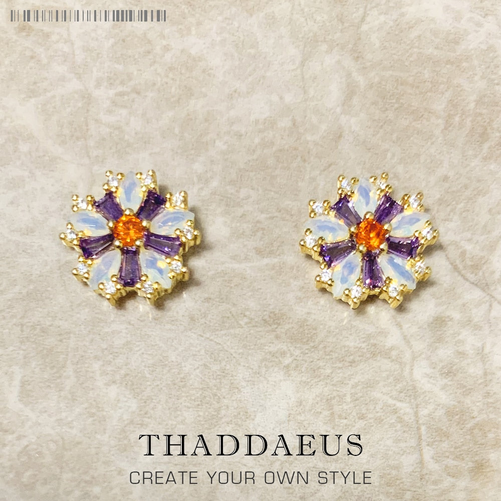 Stud Earrings Flower Colourful Stones Golden Bohemia Jewerly For Women,2022 Lucky Charms Floral Gift In 925 Sterling Silver